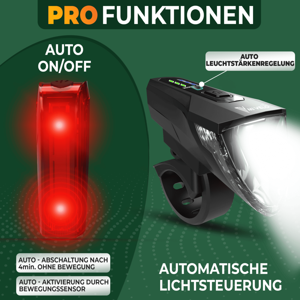 Fahrradlicht Set LED aufladbar mit Bremslicht "LUMIX PRO"