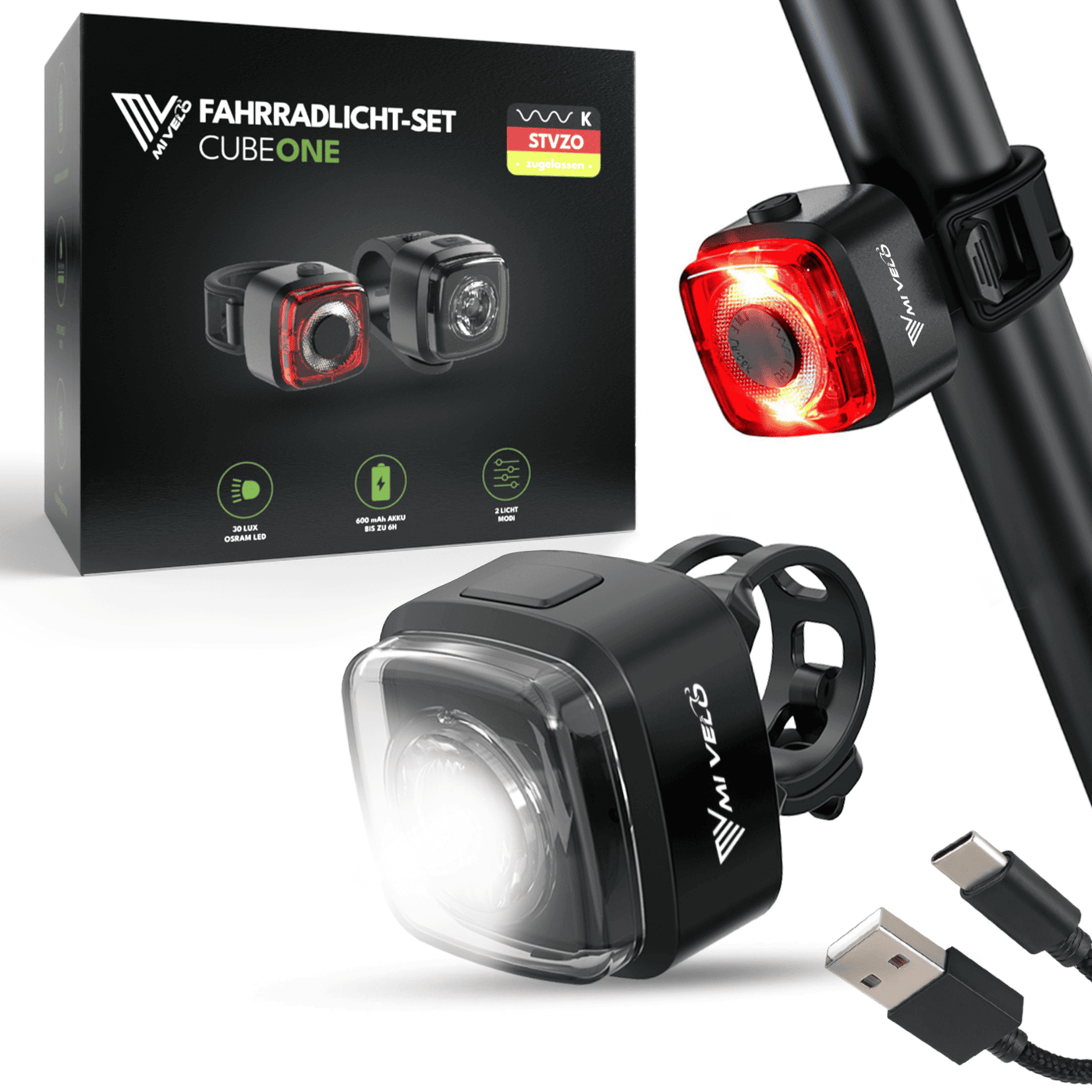 Fahrradlicht Set LED "Cube One" USB-aufladbar