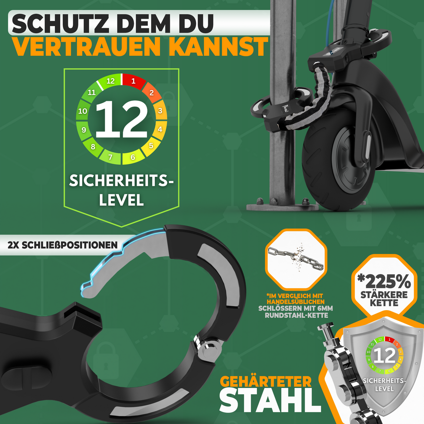 Handschellenschloss mit extra stabiler Gliederkette für E-Scooter & Fahrrad