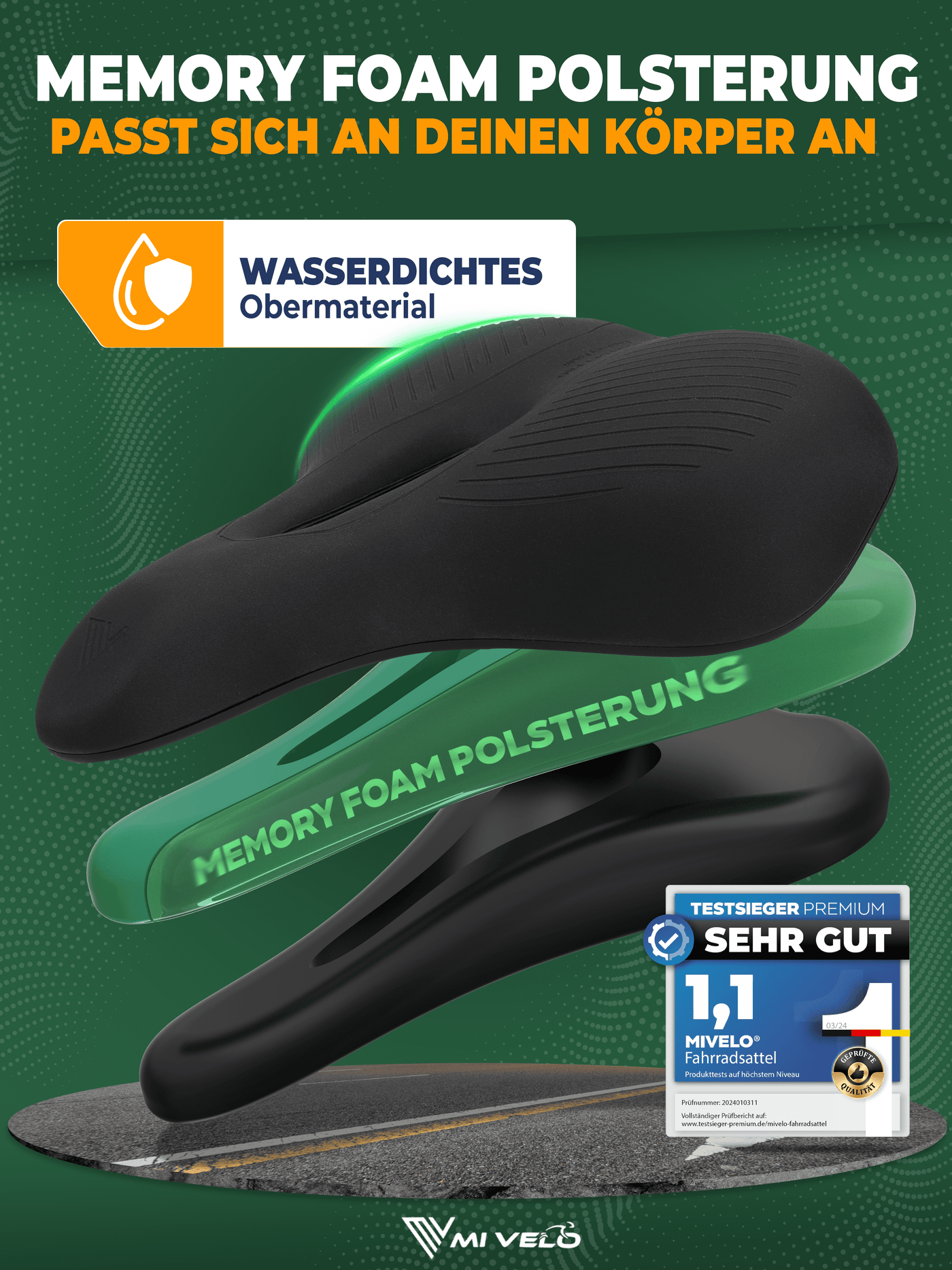 Fahrradsattel bequem & ergonomisch mit Memory-Foam 100% wasserdicht "Comfort Pro" City