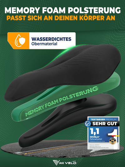 Fahrradsattel bequem & ergonomisch mit Memory-Foam 100% wasserdicht "Comfort Pro" Trekking