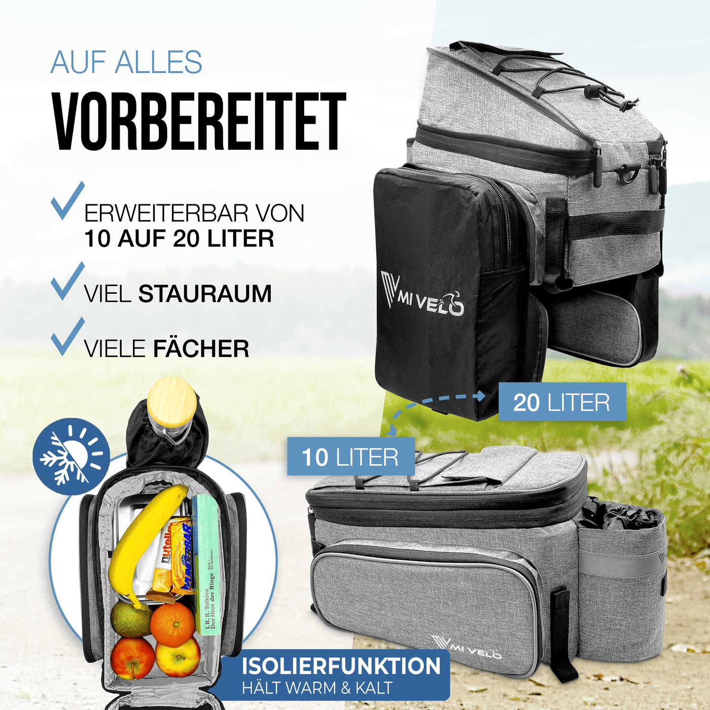 MIVELO - Gepäckträgertasche mit Isolierfunktion erweiterbar 10-20L "Keanu"