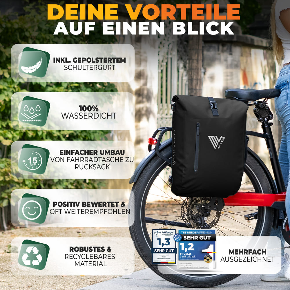 MiVelo B-Ware 3in1 Fahrradtasche Rucksack wasserdicht 20L