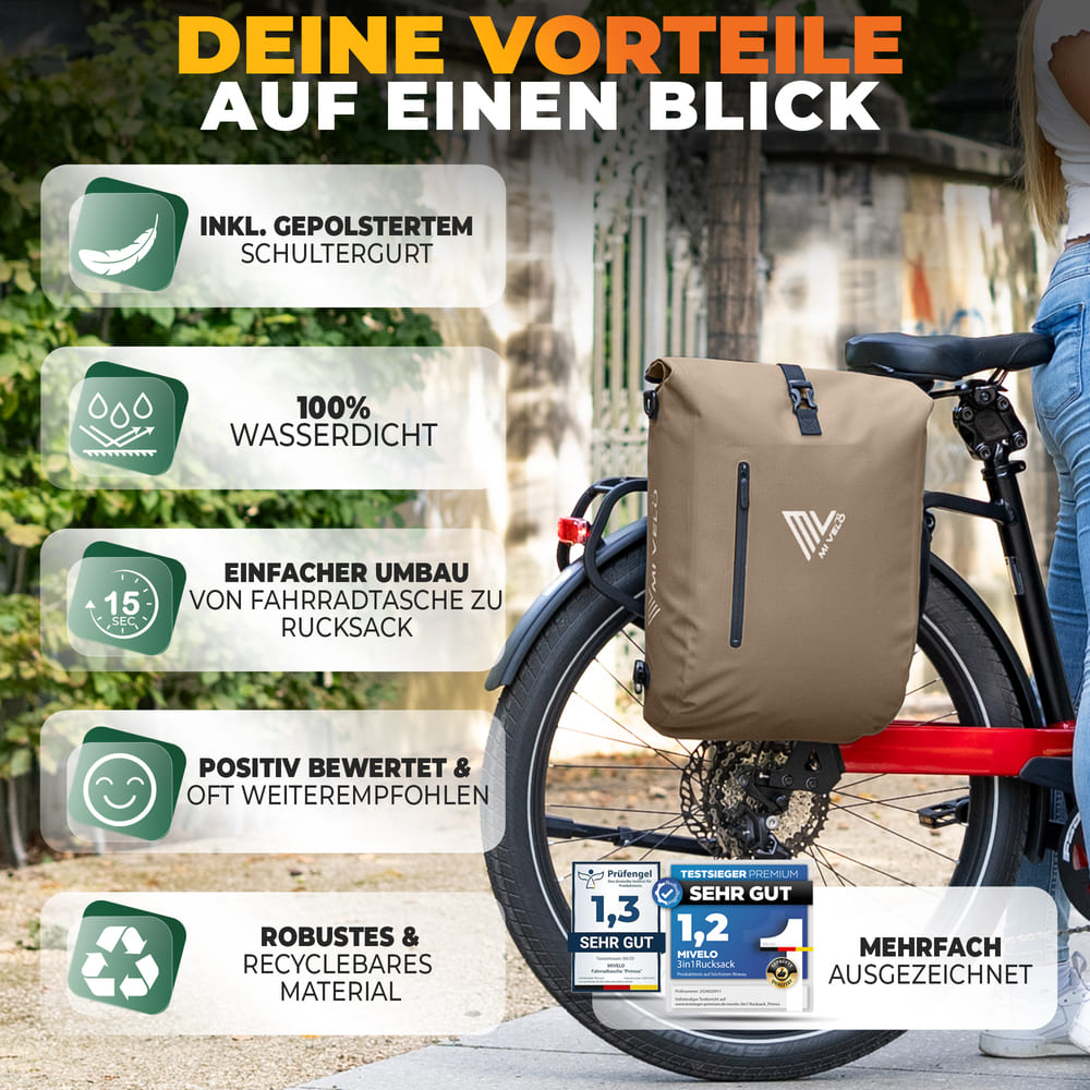 MiVelo B-Ware 3in1 Fahrradtasche Rucksack wasserdicht 20L